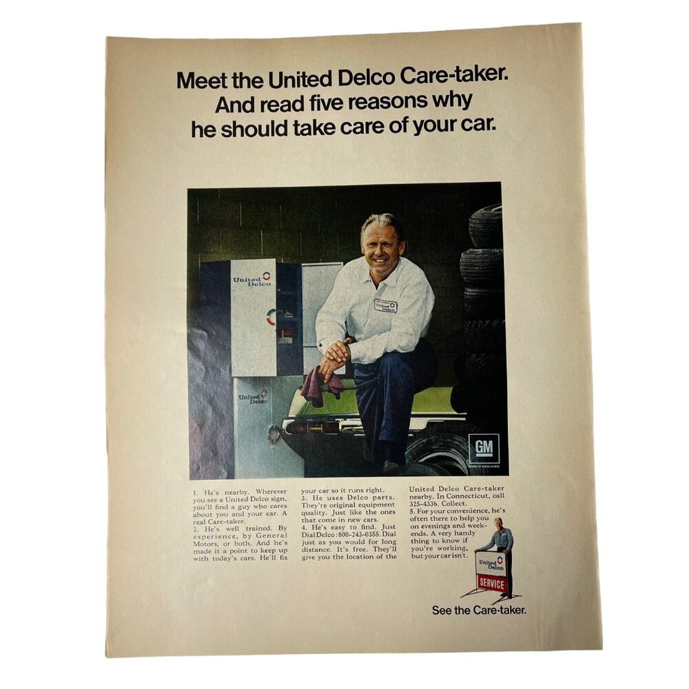 1969 United Delco Service Care Taker GM Automotive u Print Ad Full Page Original
